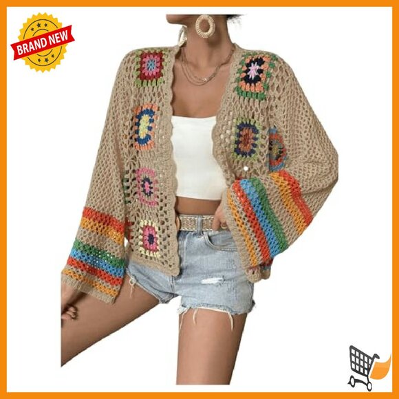 Floral Crochet Cardigan Open Front Long Sleeve Lightweight Sweater - Picture 7 of 7